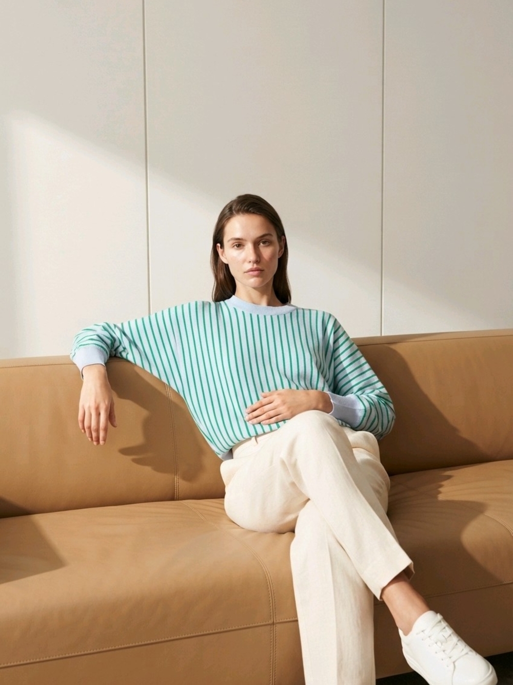 Zara Knit Blue & Green Striped Sweater Size Medium | Lightweight Crewneck